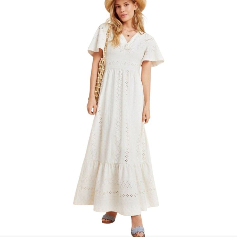 Anthropologie X Maeve Rochelle White Cream Eyelet Boho Maxi Dress Size Small